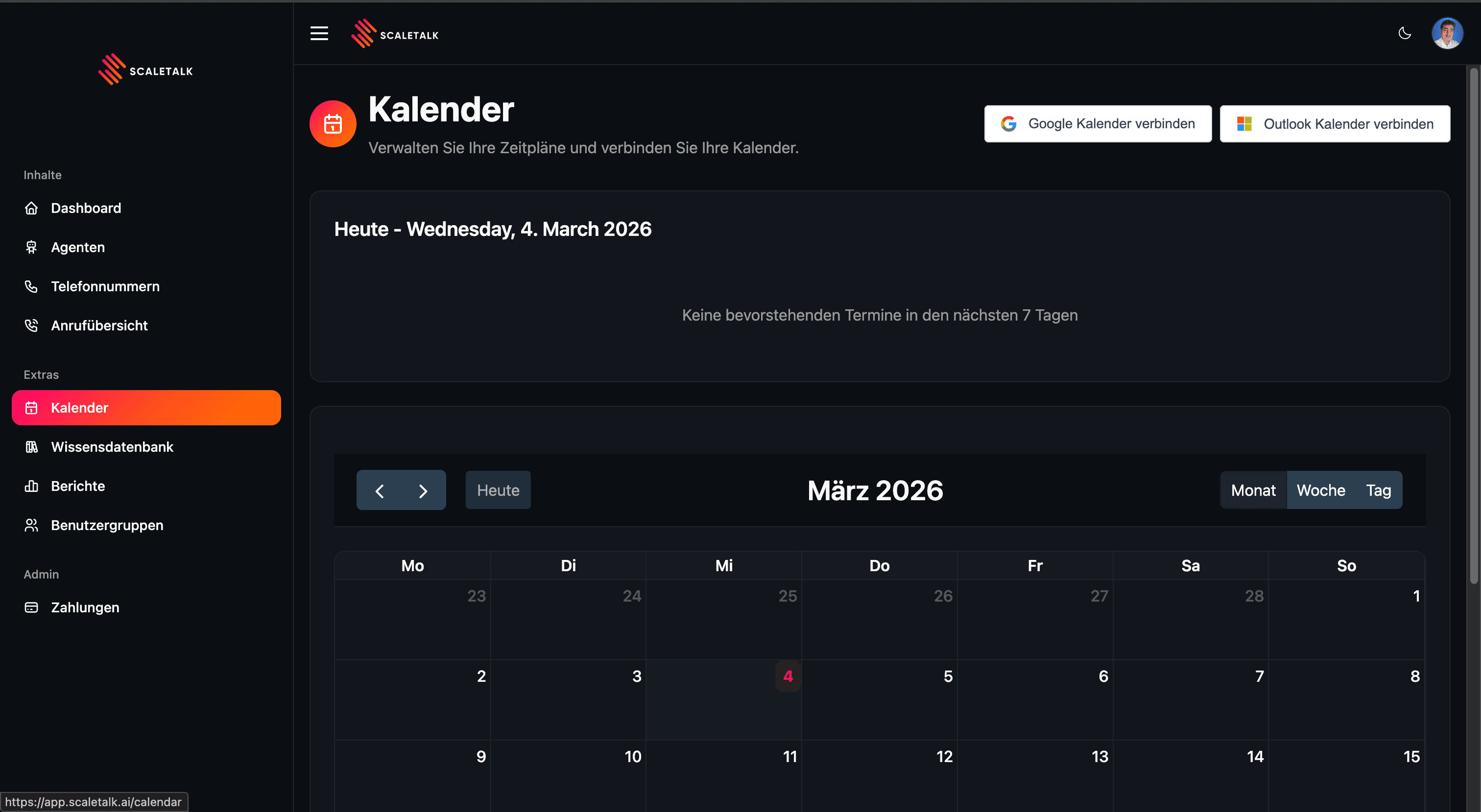 Kalenderseite mit Verbindungsschaltflächen