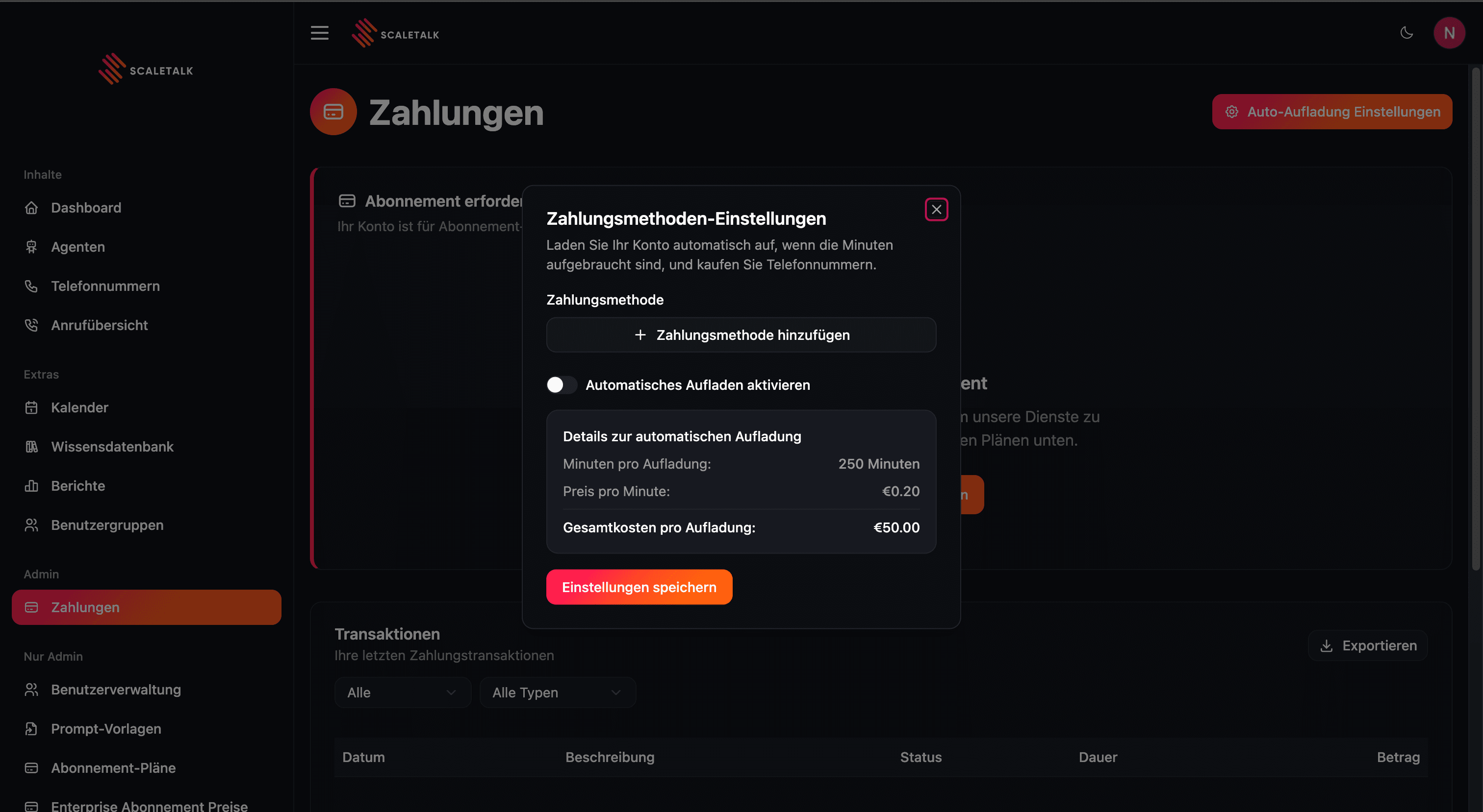 Auto-Aufladungseinstellungen