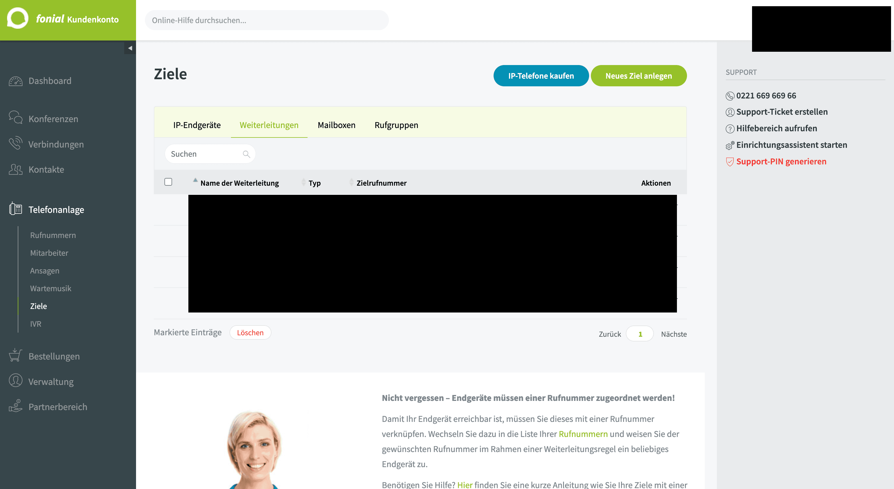 Fonial — Tab Weiterleitungen