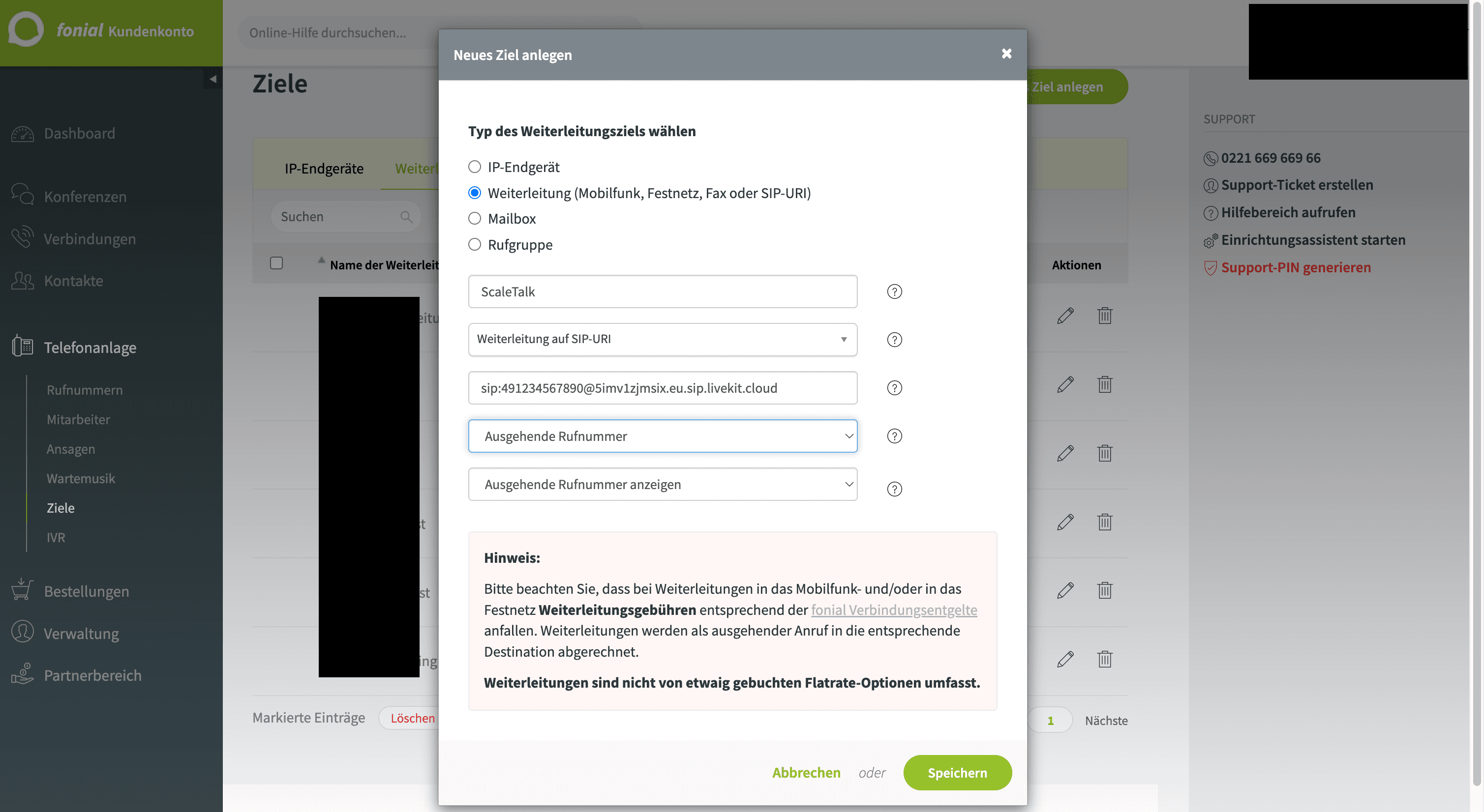 Fonial — Neues Ziel anlegen (ausgefüllt)