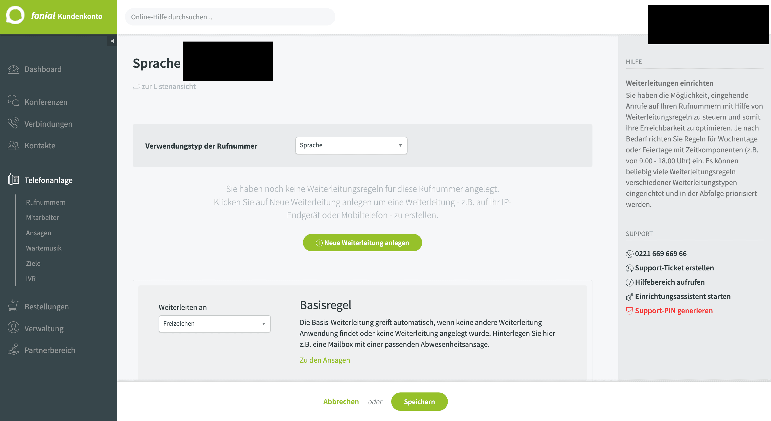 Fonial Rufnummer bearbeiten — Neue Weiterleitung anlegen