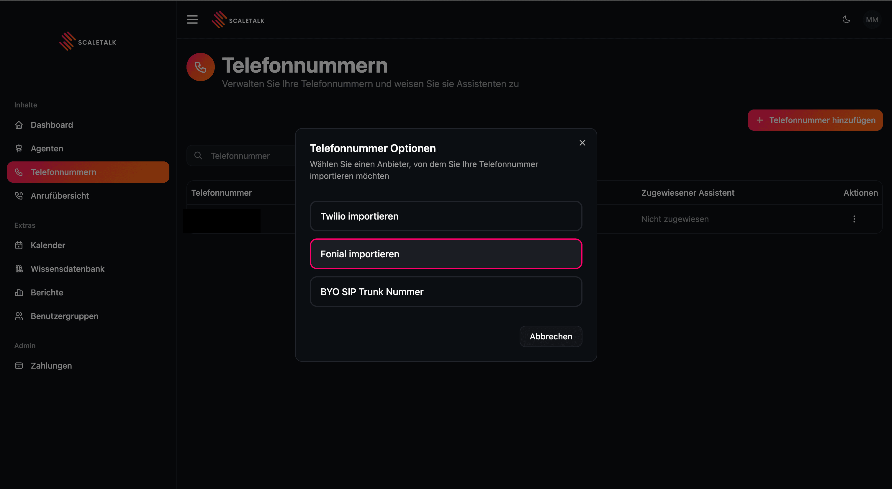 Telefonnummer-Optionen