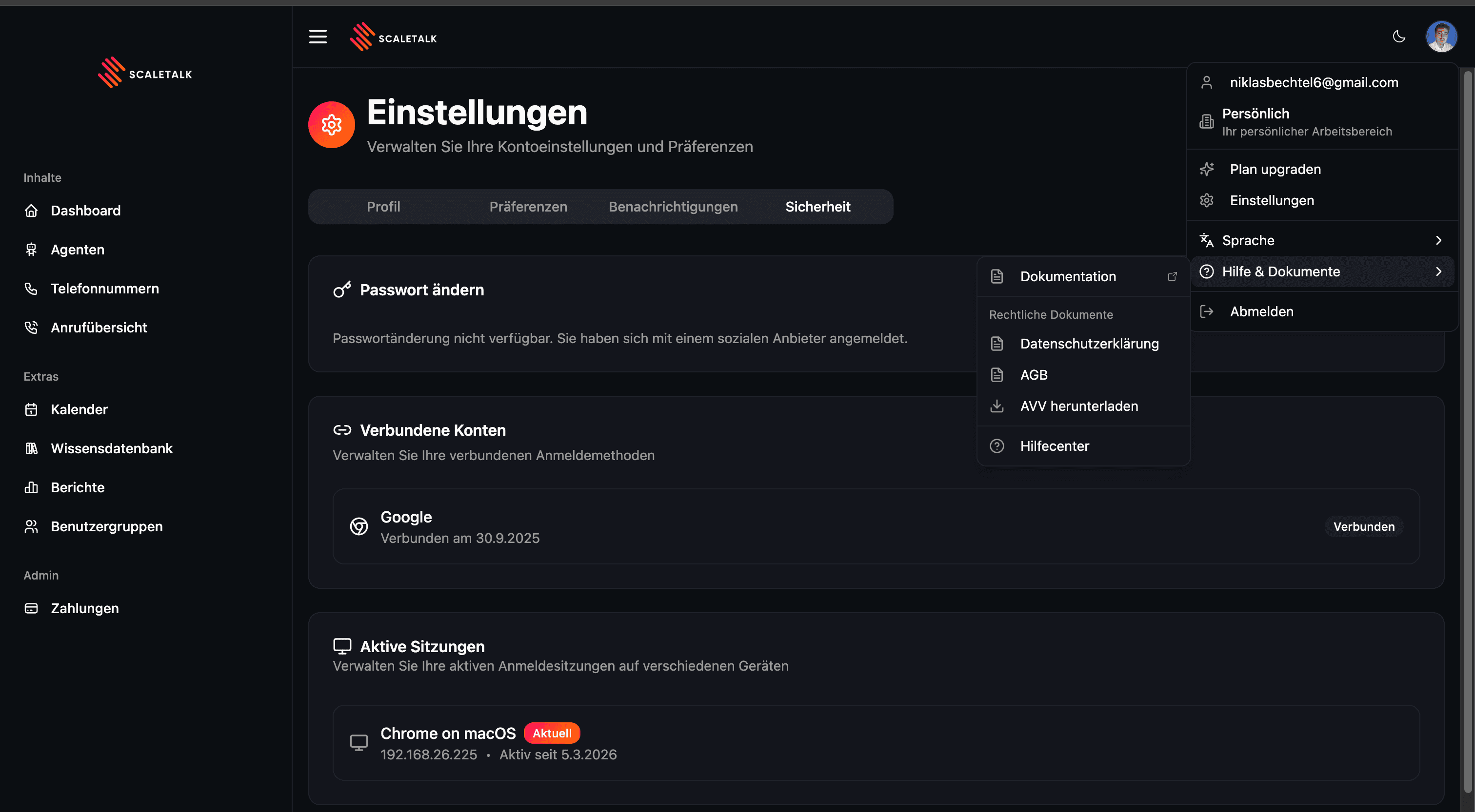 Profile menu with legal documents