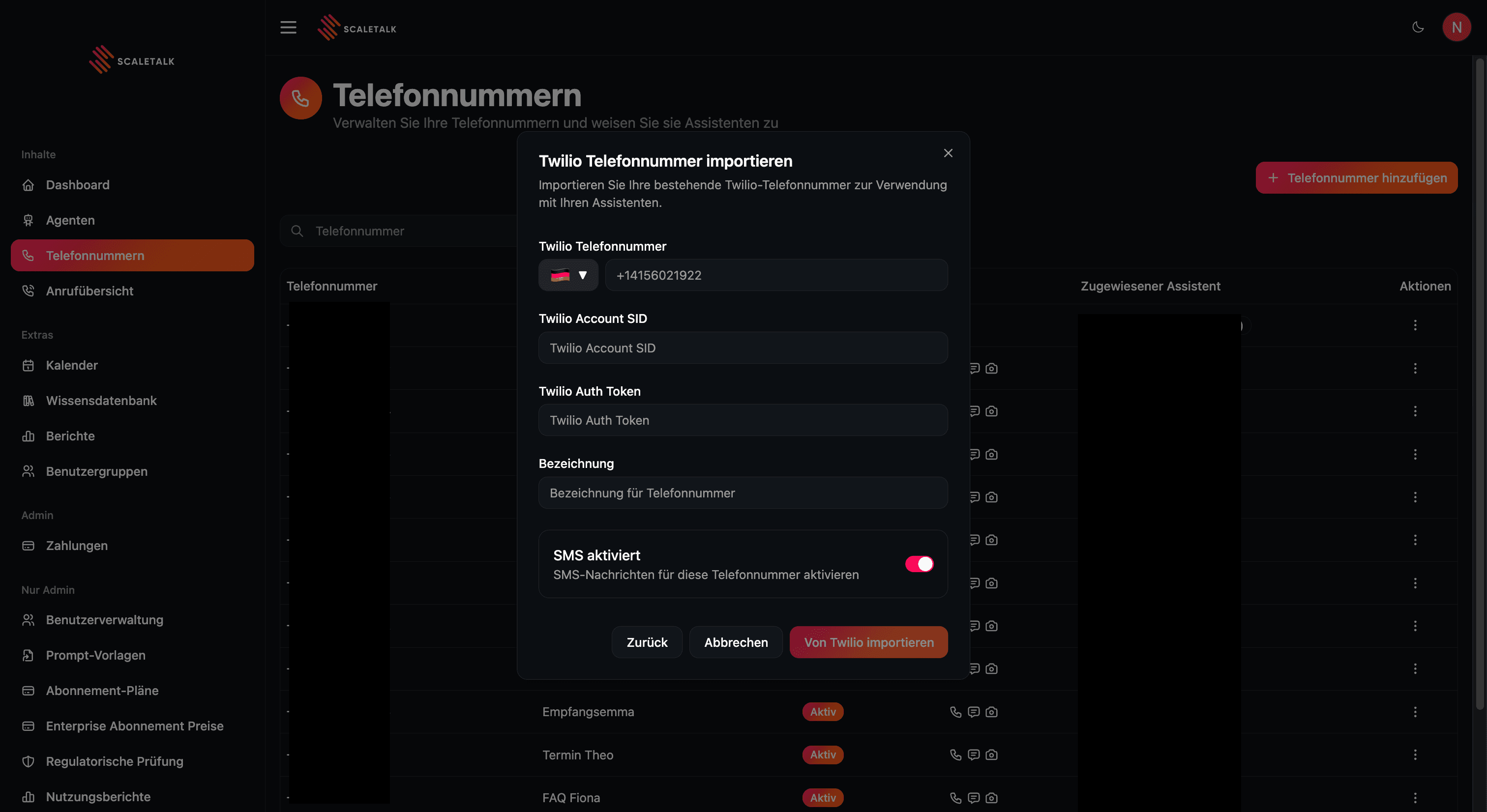 Twilio Telefonnummer importieren