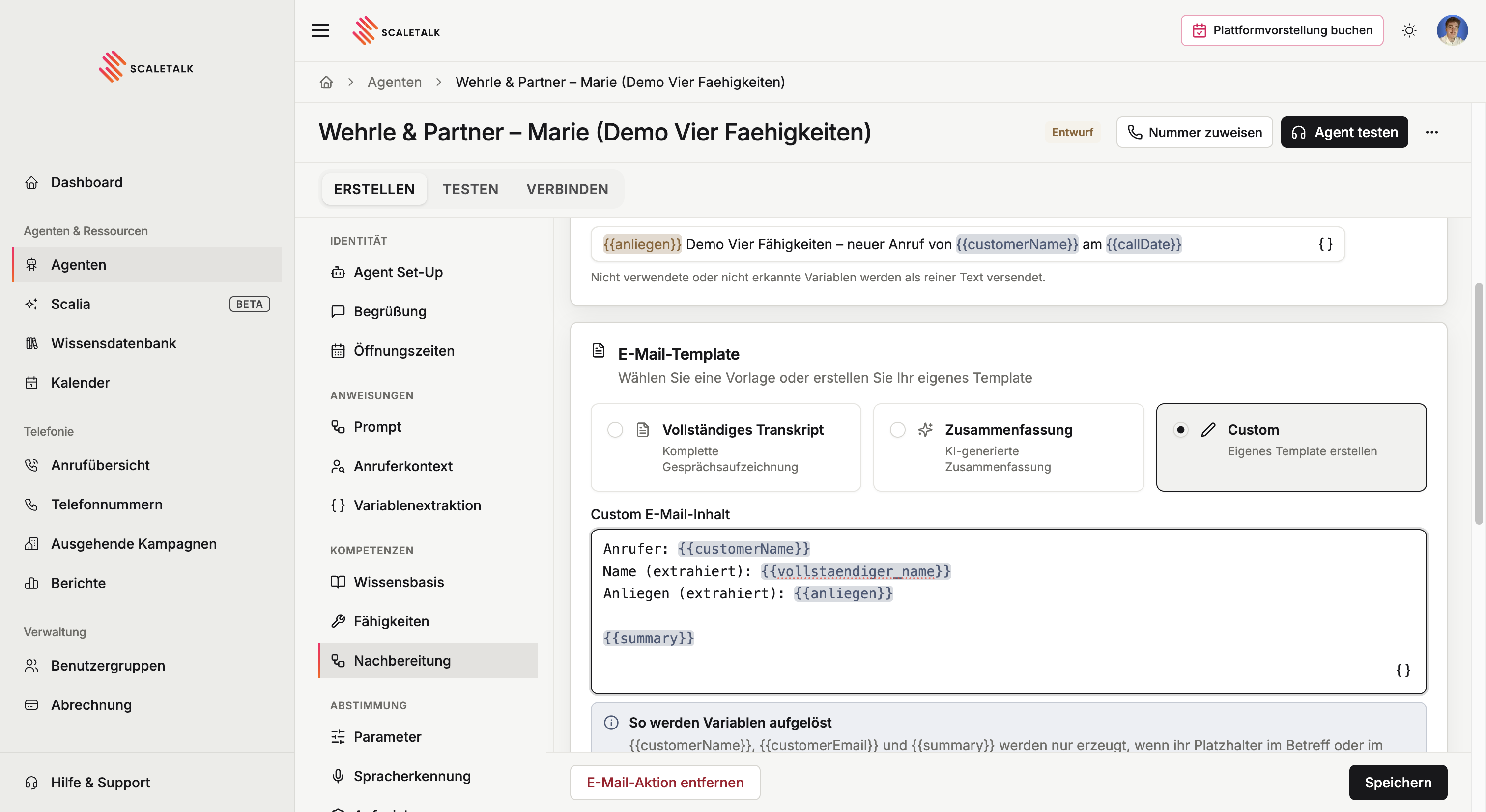 Die Vorlagenauswahl mit aktivem Custom-Template und dem eigenen E-Mail-Inhalt