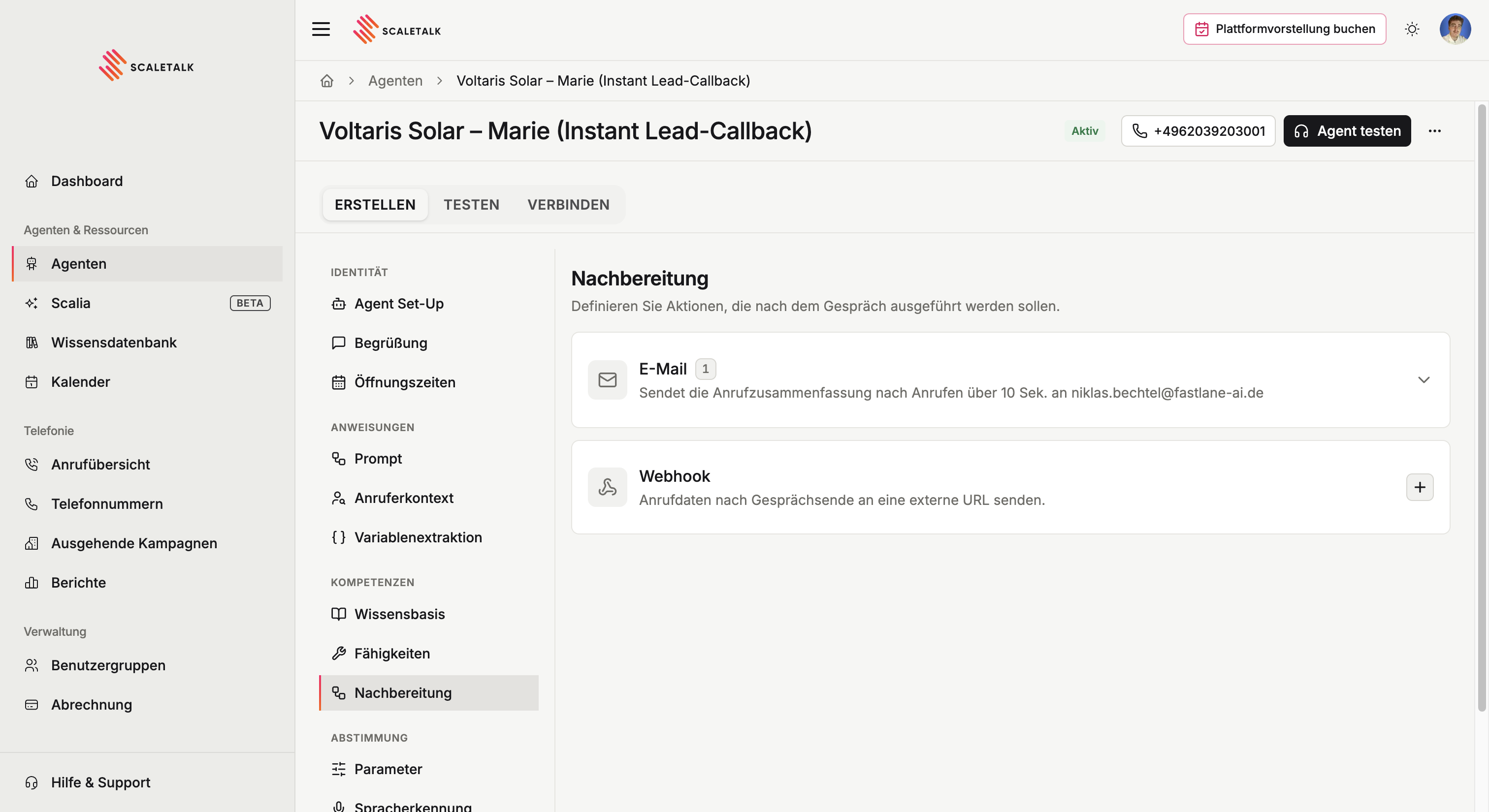 Der Reiter Nachbereitung mit den Aktionen E-Mail versenden und Webhook