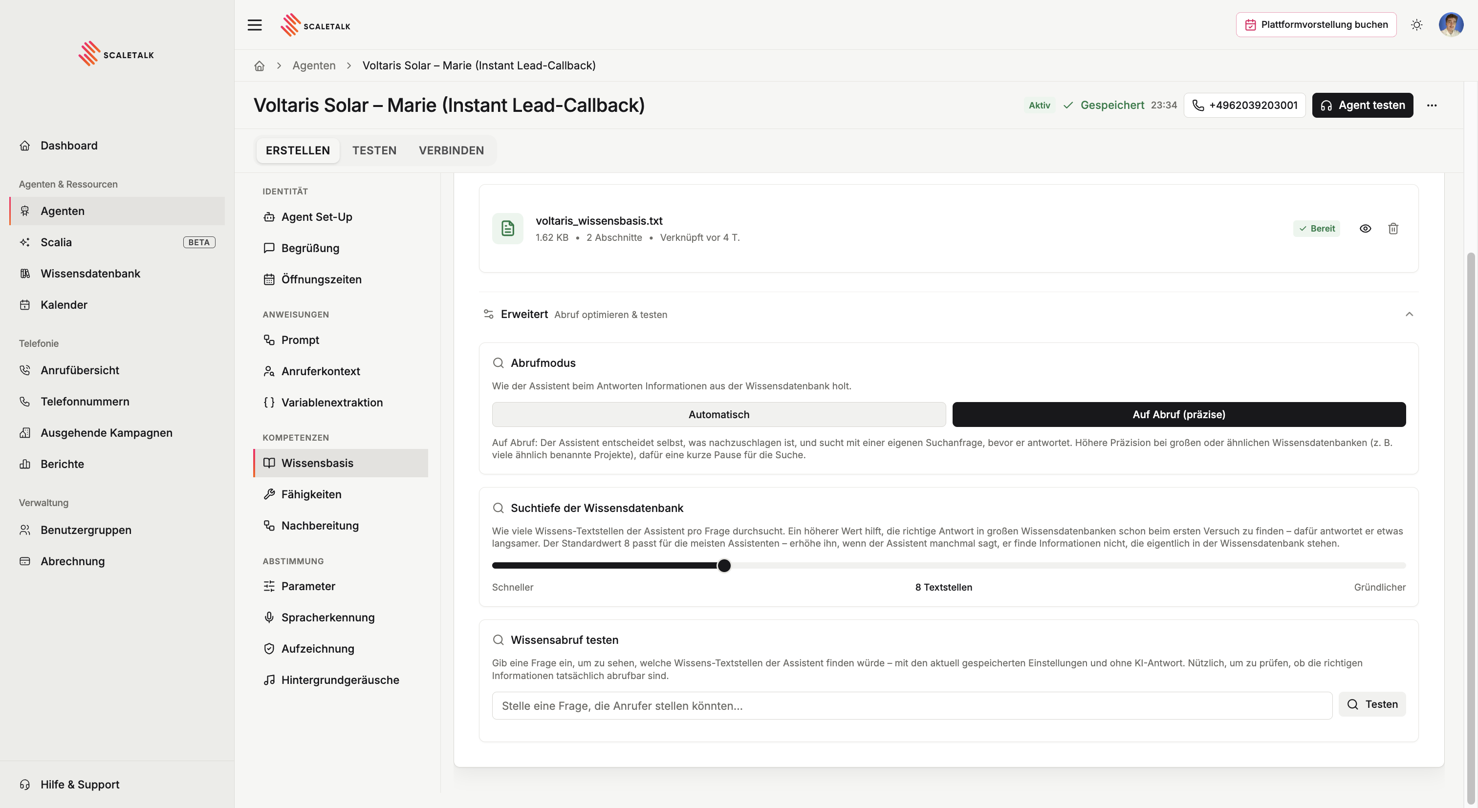 Der Bereich Erweitert mit Abrufmodus, Suchtiefe und dem Test des Wissensabrufs