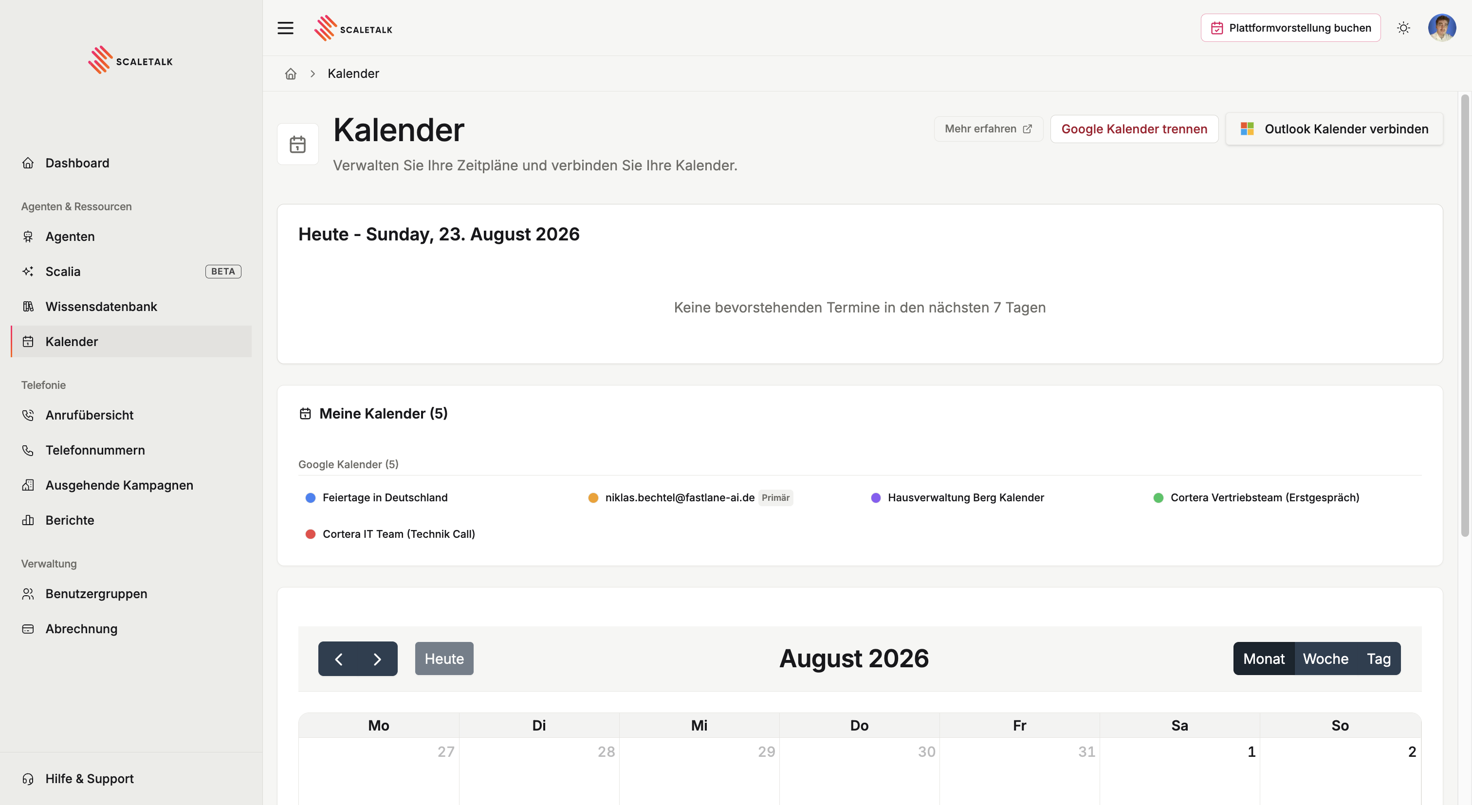 Calendar page with connection buttons
