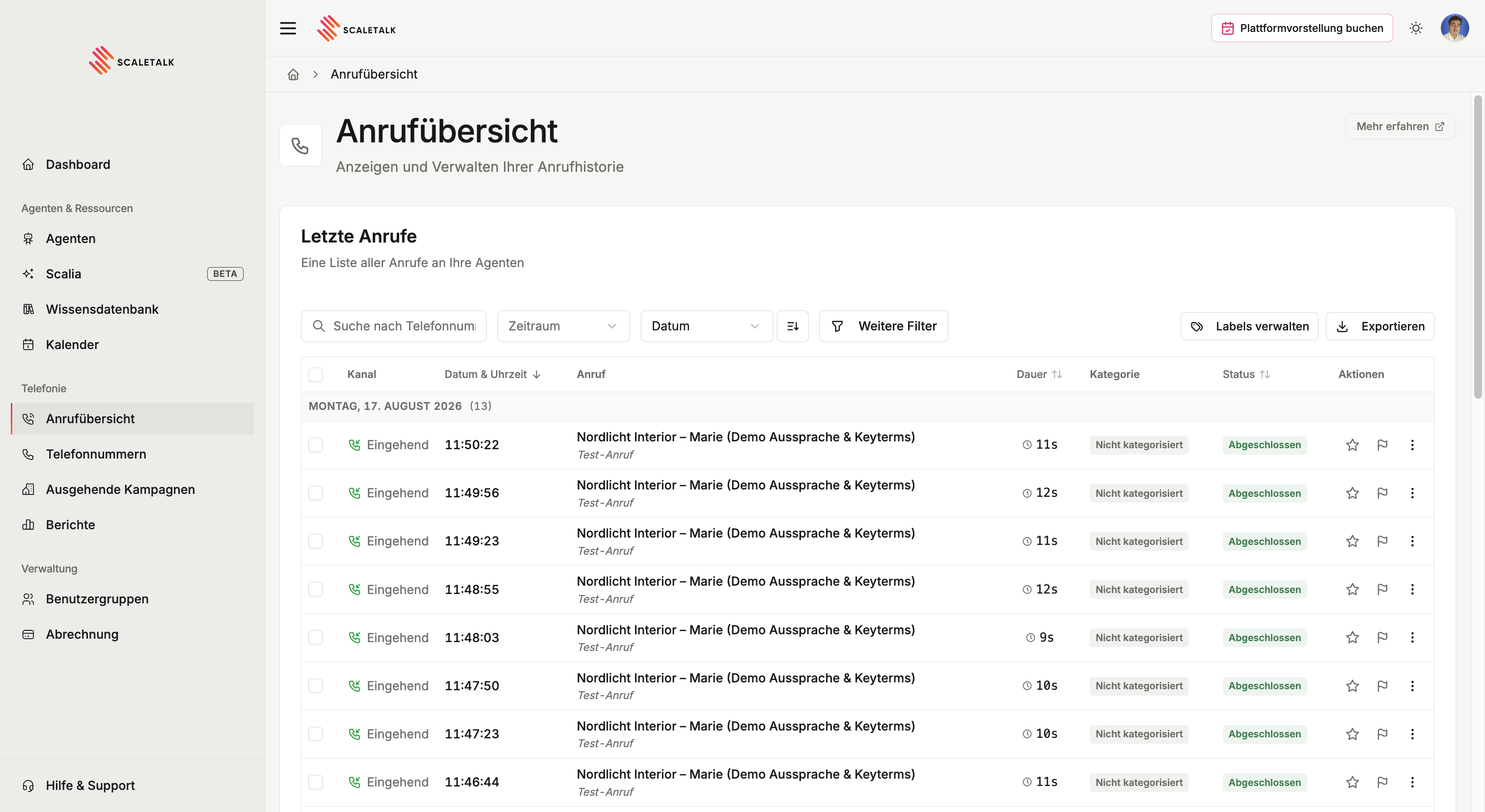 Die Anrufübersicht mit Tagesgruppen, Filtern und Labels