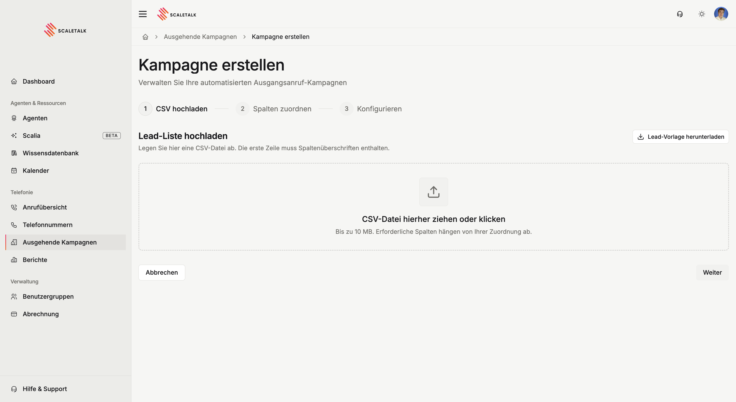 Der Upload-Schritt einer neuen Kampagne