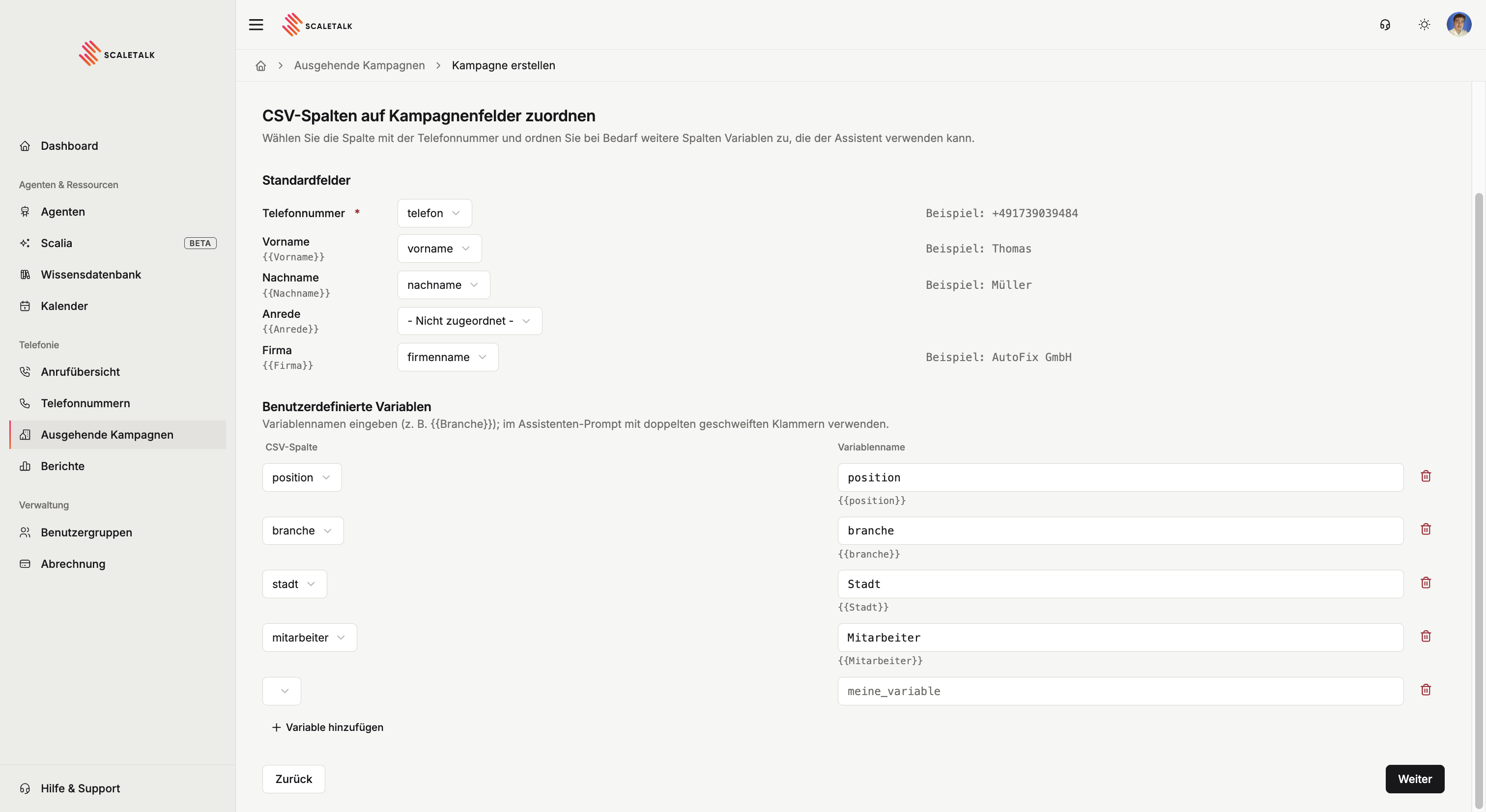 Zuordnung der CSV-Spalten zu Kampagnenfeldern