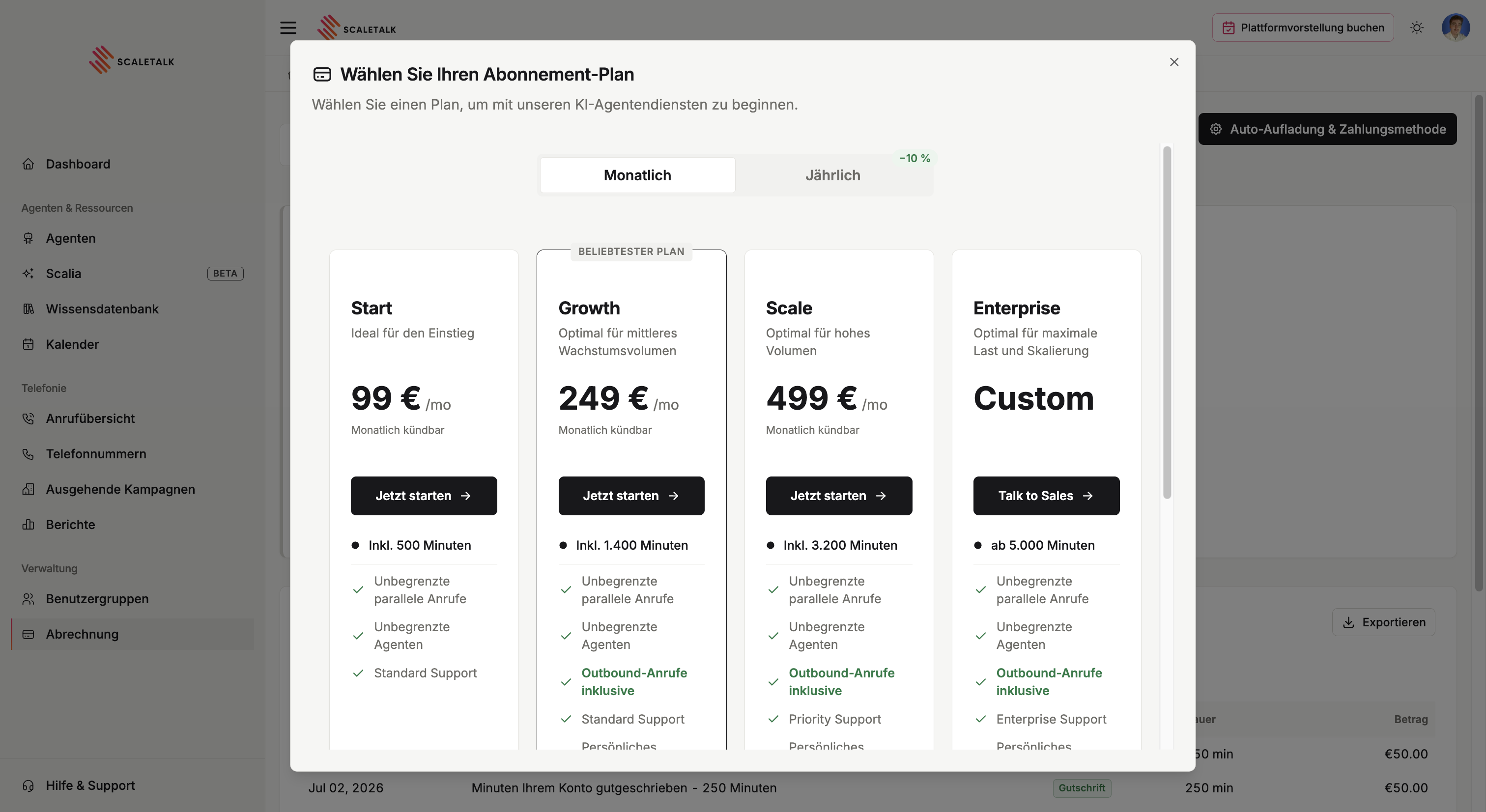 Die Planauswahl mit Start, Growth, Scale und Enterprise