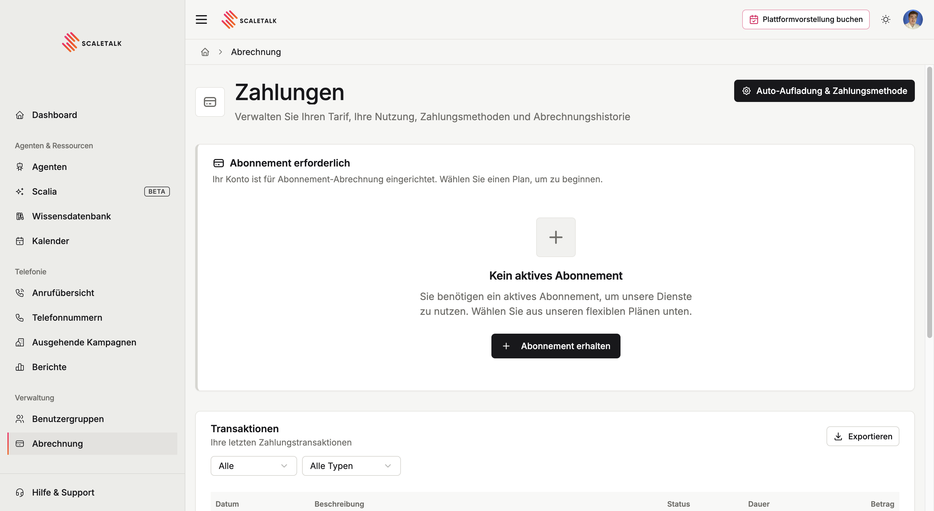 Die Zahlungsseite ohne aktives Abonnement, darunter die Transaktionsliste