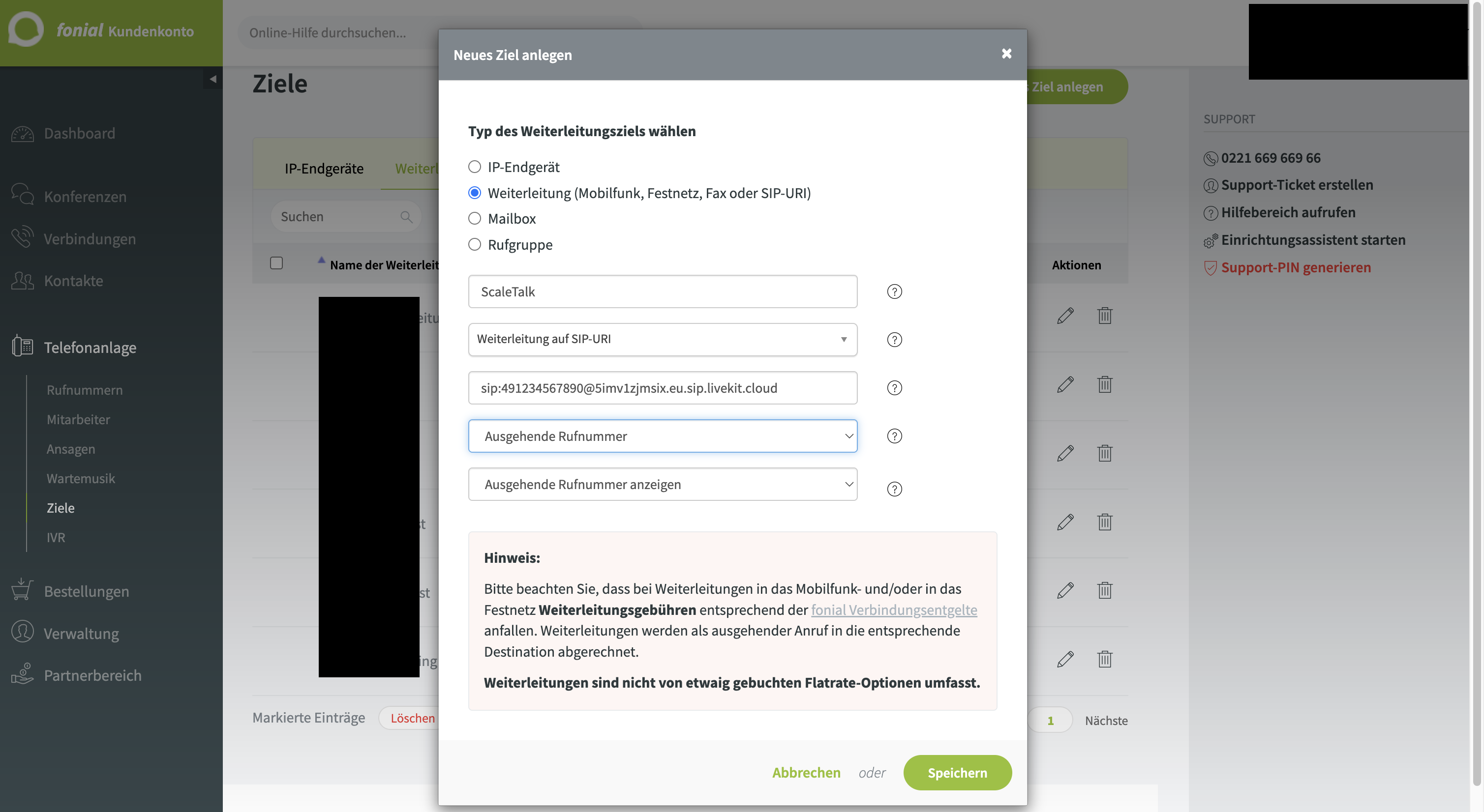 Fonial — Neues Ziel anlegen (ausgefüllt)