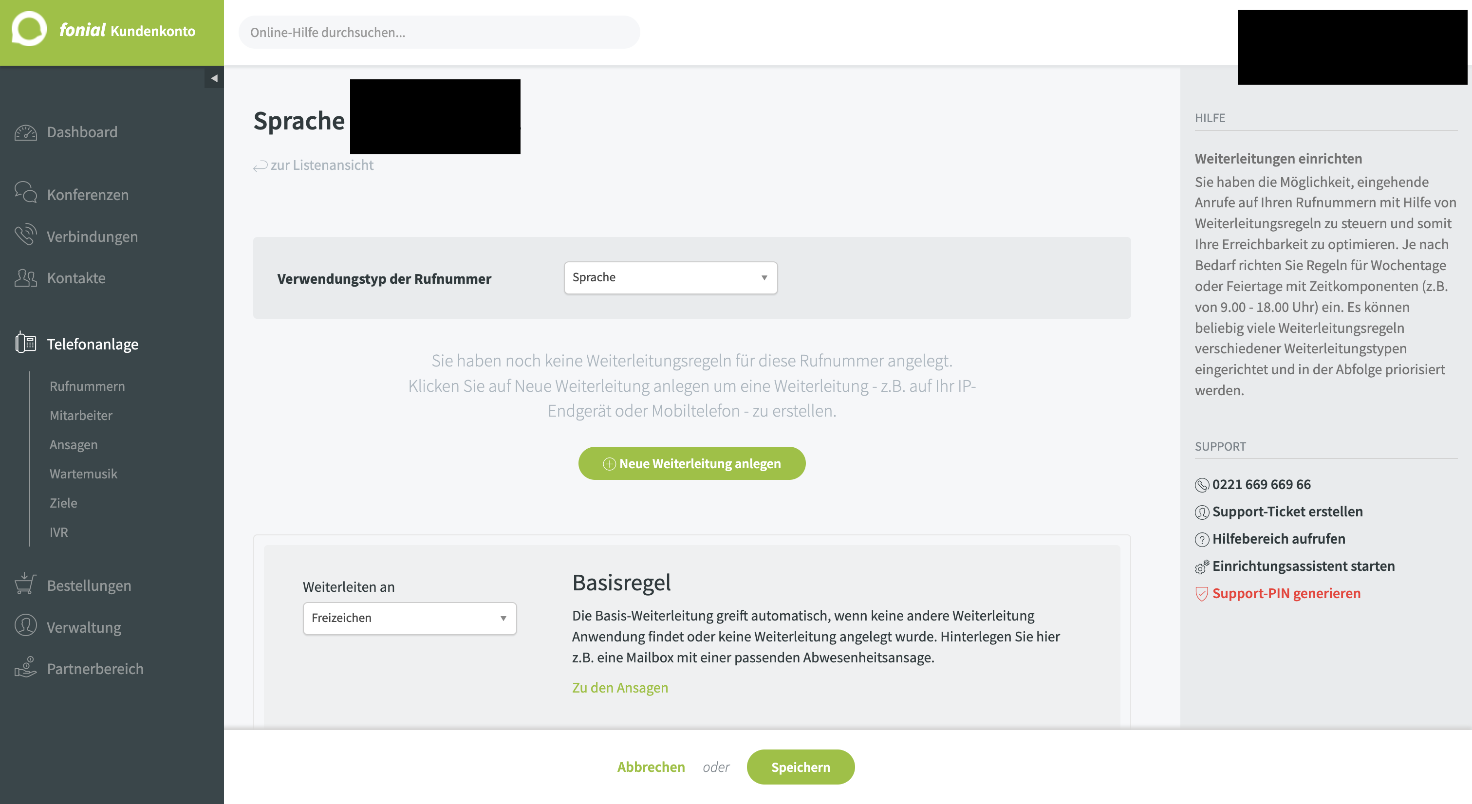 Fonial Rufnummer bearbeiten — Neue Weiterleitung anlegen