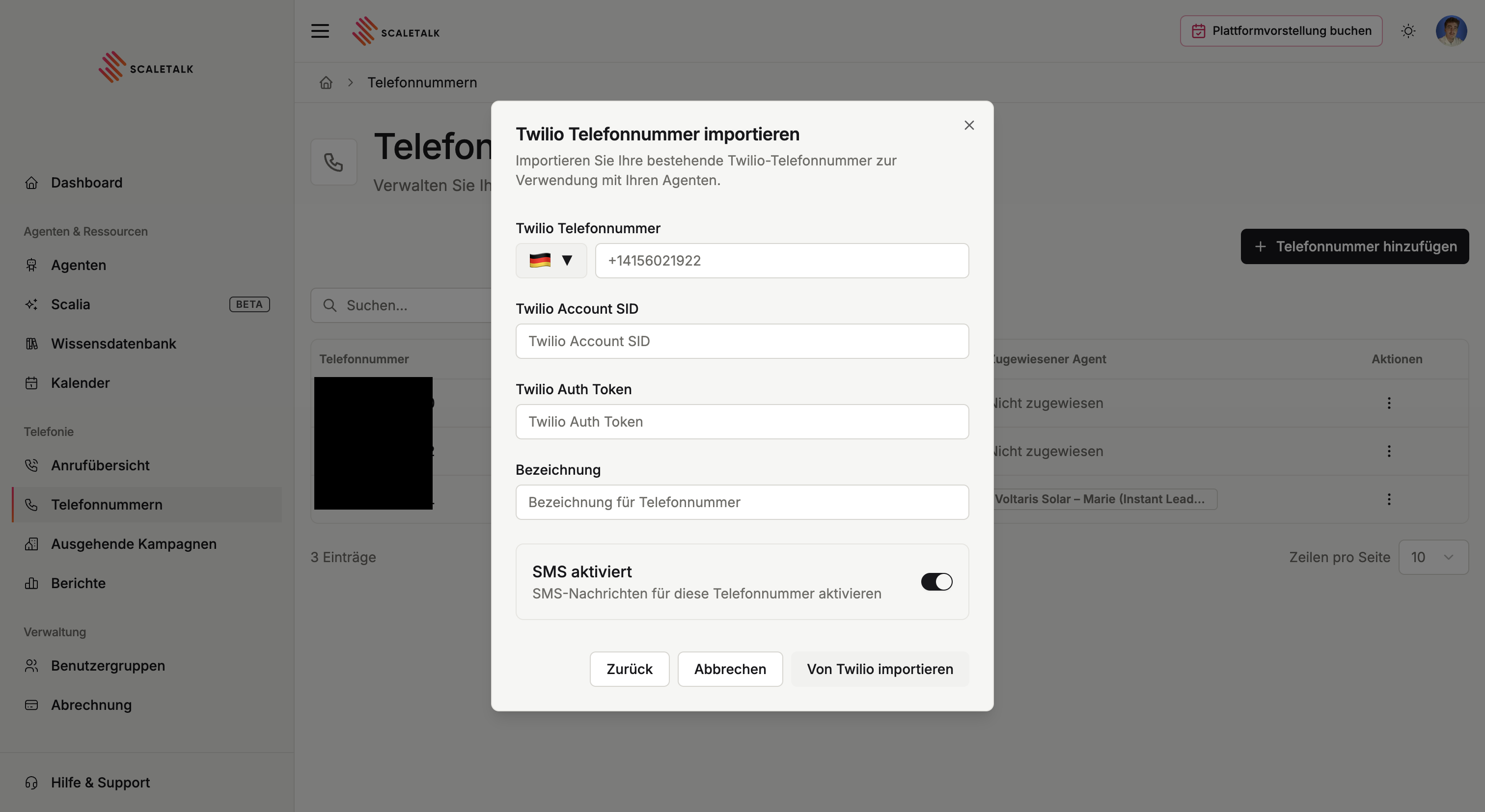 Twilio Telefonnummer importieren