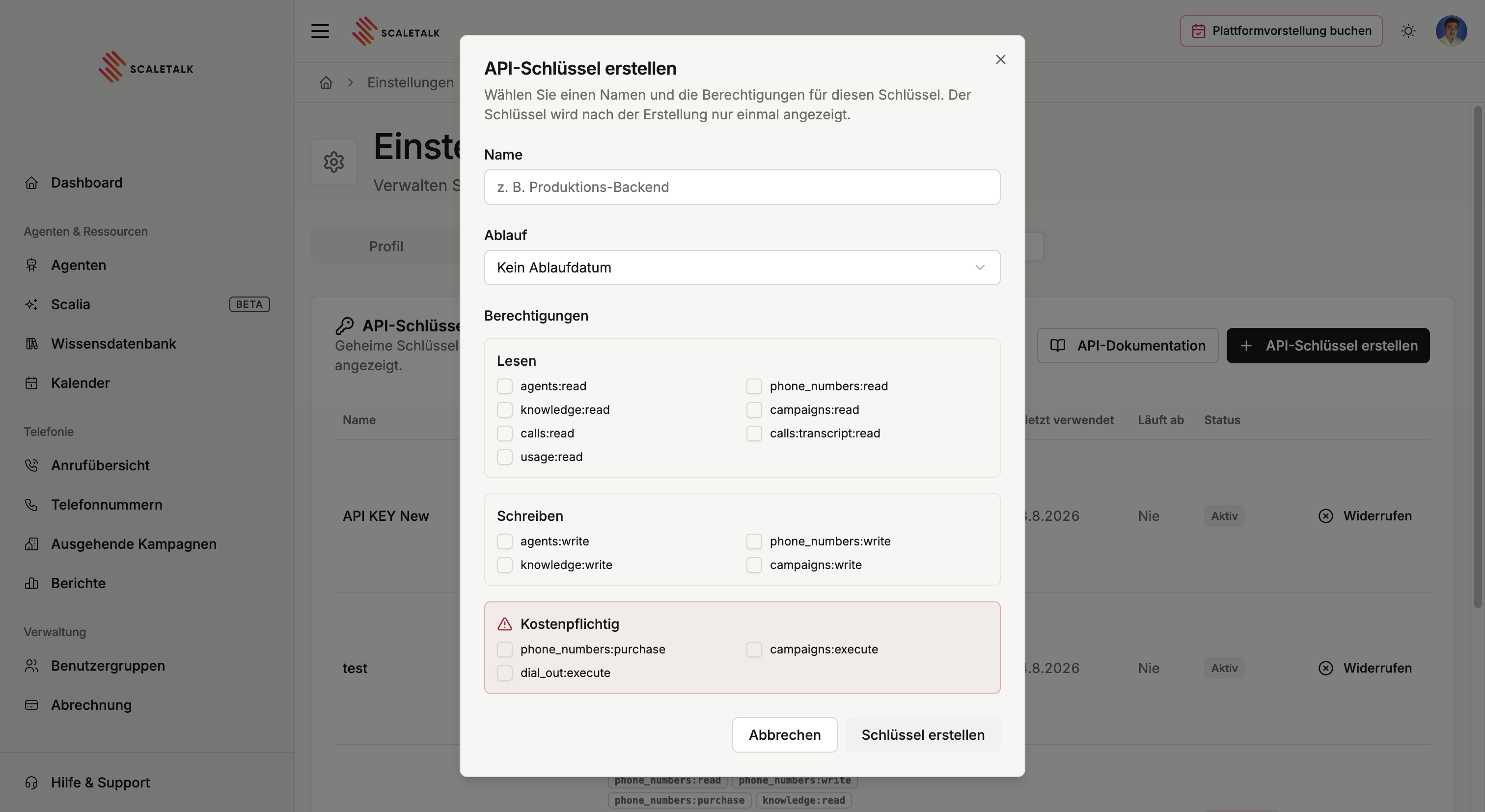 Der Dialog API-Schlüssel erstellen mit Name, Ablauf und den Berechtigungen
