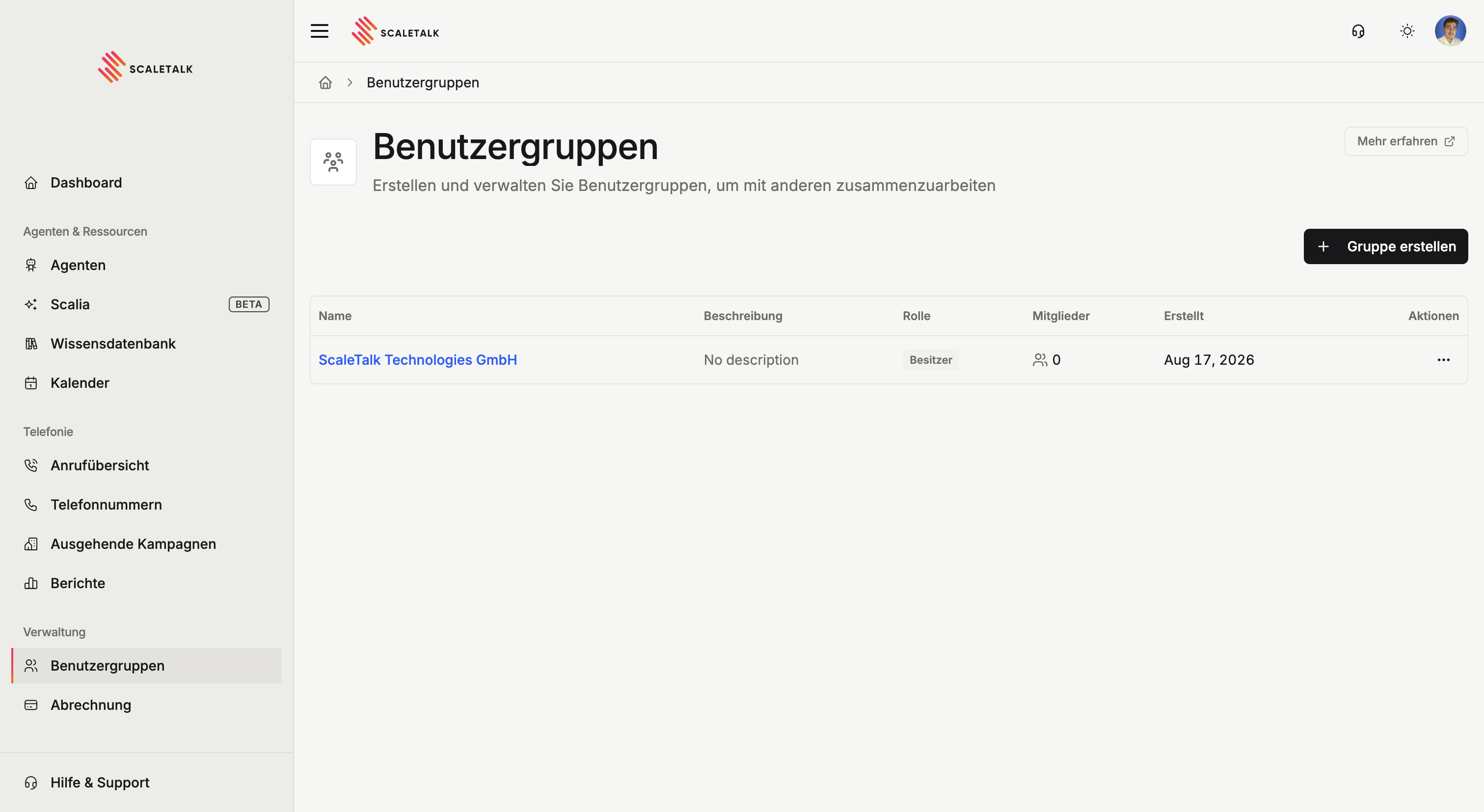 Die Benutzergruppen-Übersicht mit Rolle, Mitgliederzahl und Aktionen